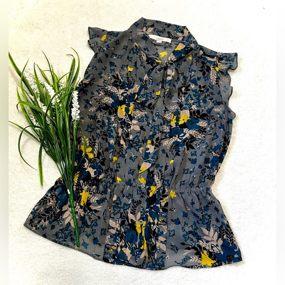 Loft Floral Flounce Hem Tie Neck Blouse - Small - Picture 1 of 9
